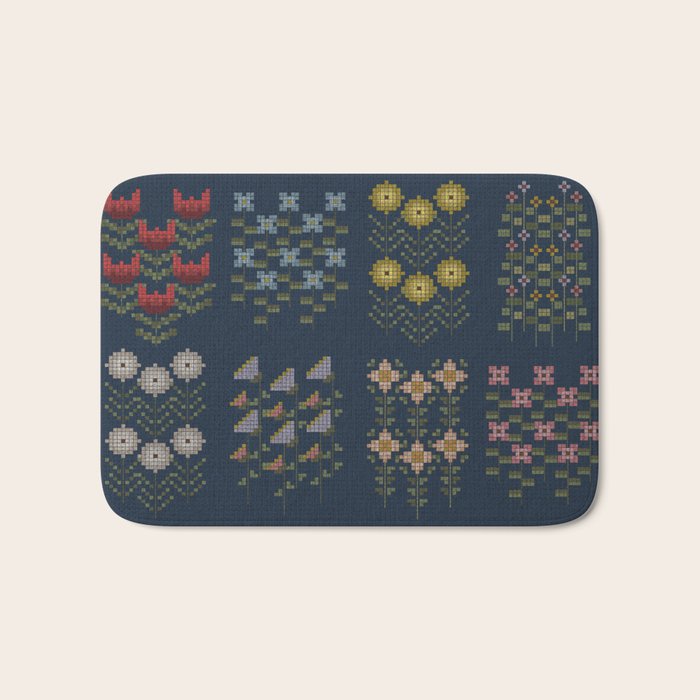 Cross Stitch Floral Navy Bath Mat Gallery Image 1