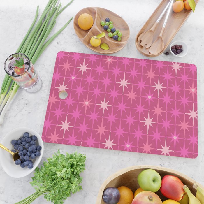 Valentine Hearts and Stars Hot Pink Mid Century Modern Atomic Age Starburst Pattern Cutting Board Gallery Image 2
