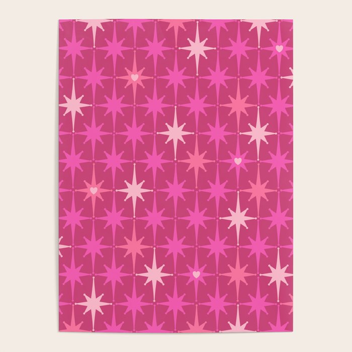 Valentine Hearts and Stars Hot Pink Mid Century Modern Atomic Age Starburst Pattern Poster Gallery Image 4