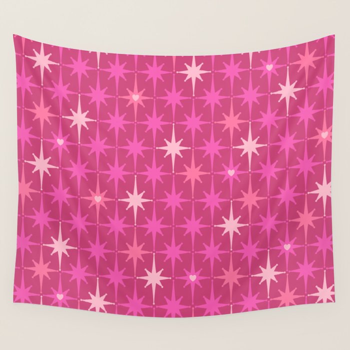Valentine Hearts and Stars Hot Pink Mid Century Modern Atomic Age Starburst Pattern Wall Tapestry Gallery Image 1
