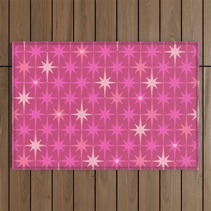 Valentine Hearts and Stars Hot Pink Mid Century Modern Atomic Age Starburst Pattern Outdoor Rug Gallery Image 1