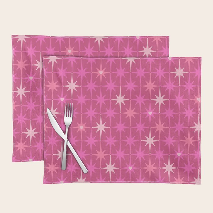 Valentine Hearts and Stars Hot Pink Mid Century Modern Atomic Age Starburst Pattern Placemat Gallery Image 1