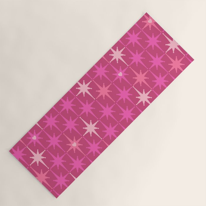 Valentine Hearts and Stars Hot Pink Mid Century Modern Atomic Age Starburst Pattern Yoga Mat Gallery Image 1