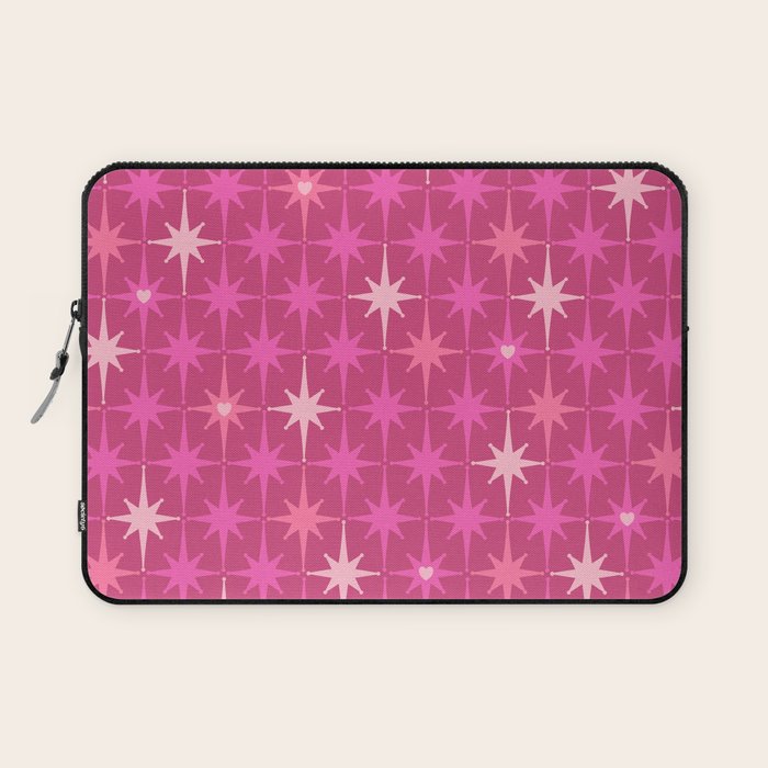 Valentine Hearts and Stars Hot Pink Mid Century Modern Atomic Age Starburst Pattern Laptop Sleeve Gallery Image 1