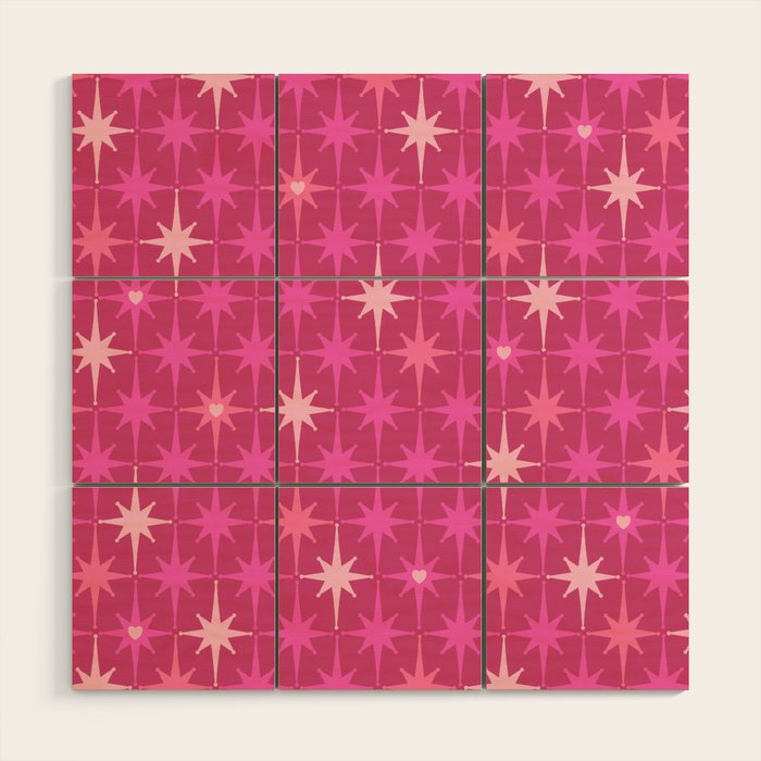 Valentine Hearts and Stars Hot Pink Mid Century Modern Atomic Age Starburst Pattern Wood Wall Art Gallery Image 1