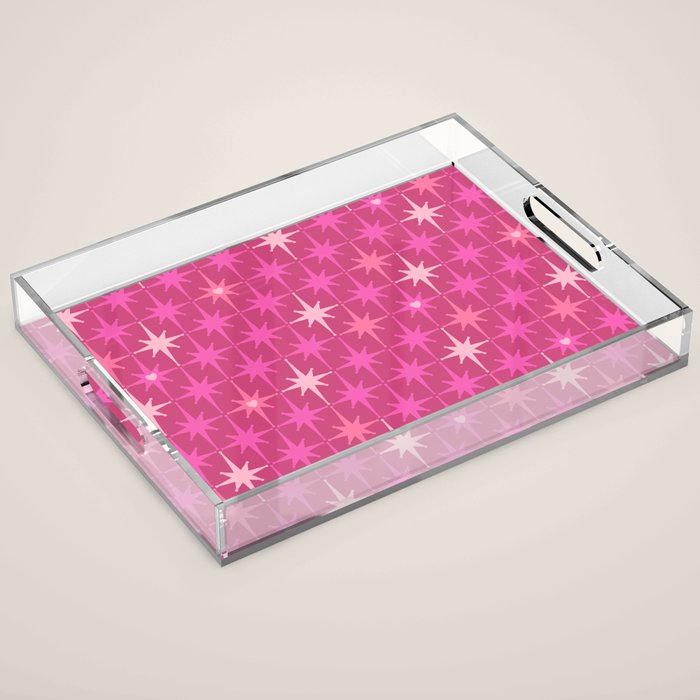 Valentine Hearts and Stars Hot Pink Mid Century Modern Atomic Age Starburst Pattern Acrylic Tray Gallery Image 1
