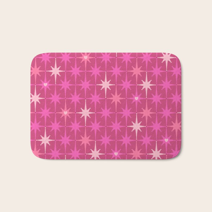 Valentine Hearts and Stars Hot Pink Mid Century Modern Atomic Age Starburst Pattern Bath Mat Gallery Image 1