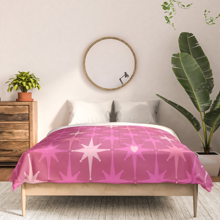 Valentine Hearts and Stars Hot Pink Mid Century Modern Atomic Age Starburst Pattern Comforter Gallery Image 3
