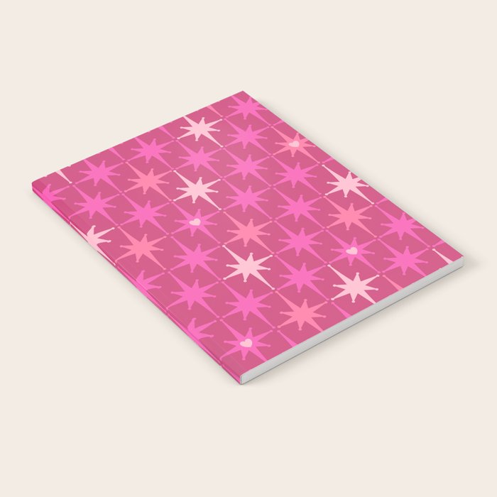 Valentine Hearts and Stars Hot Pink Mid Century Modern Atomic Age Starburst Pattern Notebook Gallery Image 2