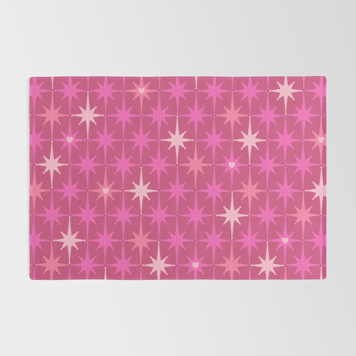 Valentine Hearts and Stars Hot Pink Mid Century Modern Atomic Age Starburst Pattern Rug Gallery Image 2