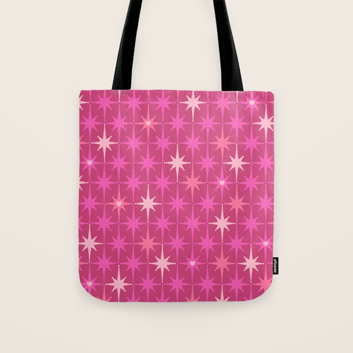 Valentine Hearts and Stars Hot Pink Mid Century Modern Atomic Age Starburst Pattern Tote Bag Gallery Image 1