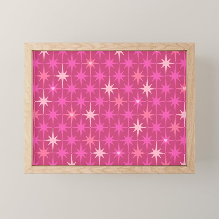 Valentine Hearts and Stars Hot Pink Mid Century Modern Atomic Age Starburst Pattern Mini Art Print Gallery Image 1