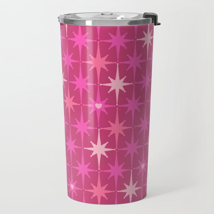 Valentine Hearts and Stars Hot Pink Mid Century Modern Atomic Age Starburst Pattern Travel Mug Gallery Image 2
