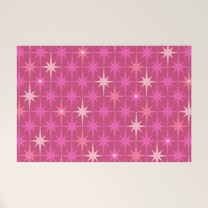 Valentine Hearts and Stars Hot Pink Mid Century Modern Atomic Age Starburst Pattern Welcome Mat Gallery Image 1