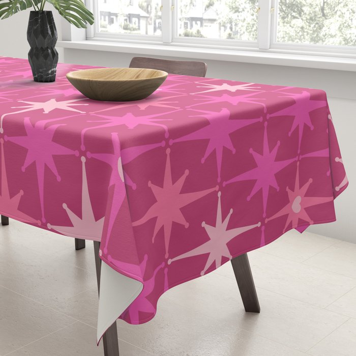 Valentine Hearts and Stars Hot Pink Mid Century Modern Atomic Age Starburst Pattern Tablecloth Gallery Image 3