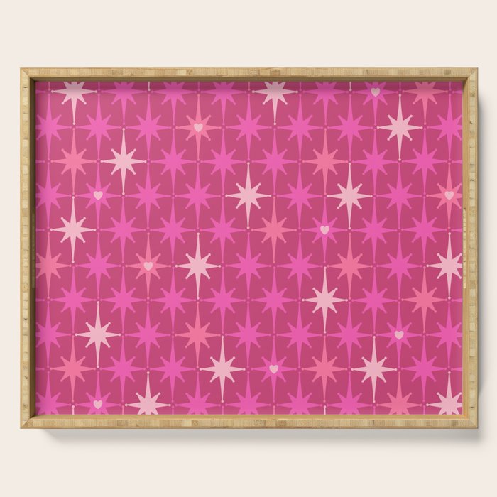 Valentine Hearts and Stars Hot Pink Mid Century Modern Atomic Age Starburst Pattern Serving Tray Gallery Image 1
