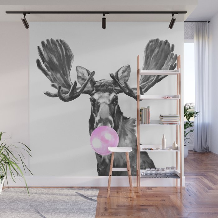 Bubble Gum Moose in Black and White Wall Mural Gallery Image 1