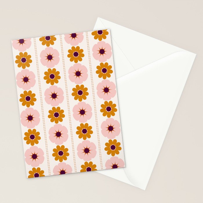 Vintage retro floral pattern, 60s, 70s style in pink and brown Stationery Card Gallery Image 2
