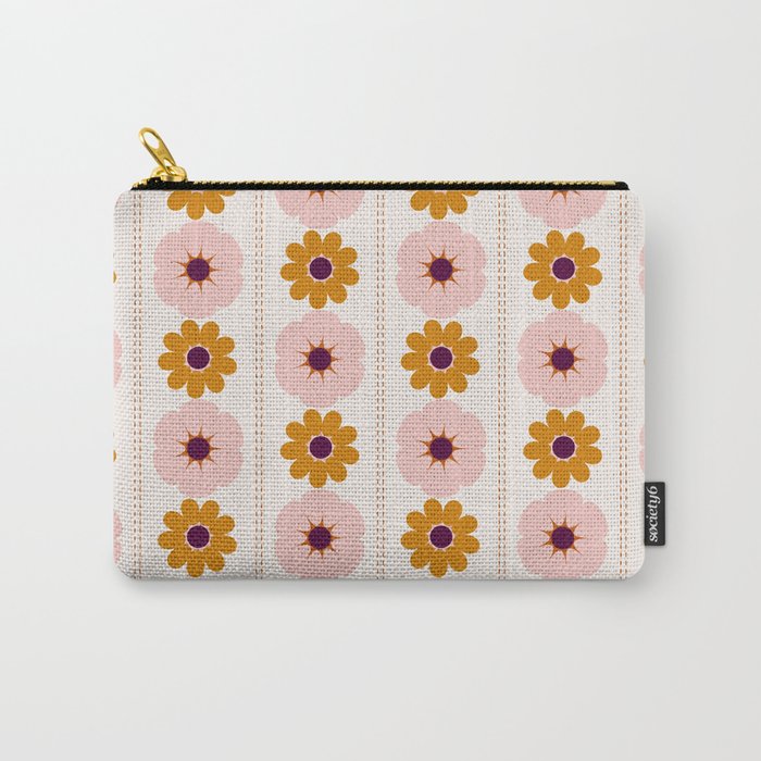 Vintage retro floral pattern, 60s, 70s style in pink and brown Carry All Pouch Gallery Image 1