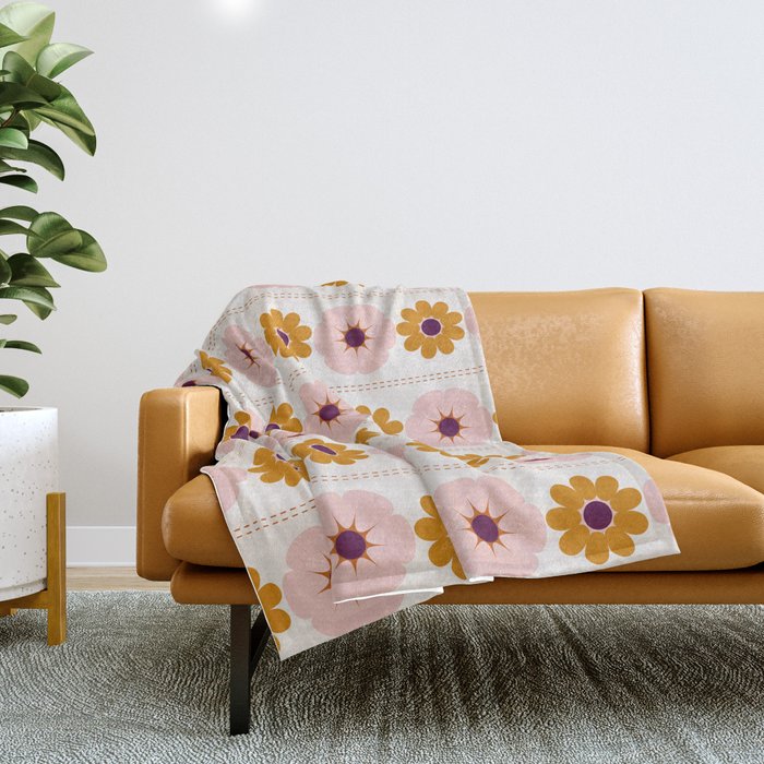 Vintage retro floral pattern, 60s, 70s style in pink and brown Throw Blanket Gallery Image 1