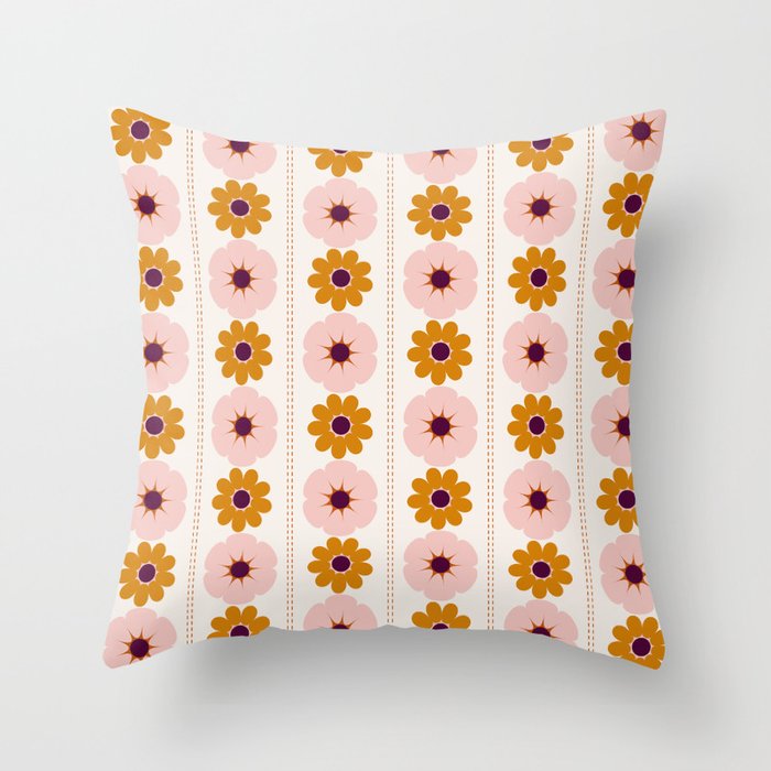 Vintage retro floral pattern, 60s, 70s style in pink and brown Throw Pillow Gallery Image 6
