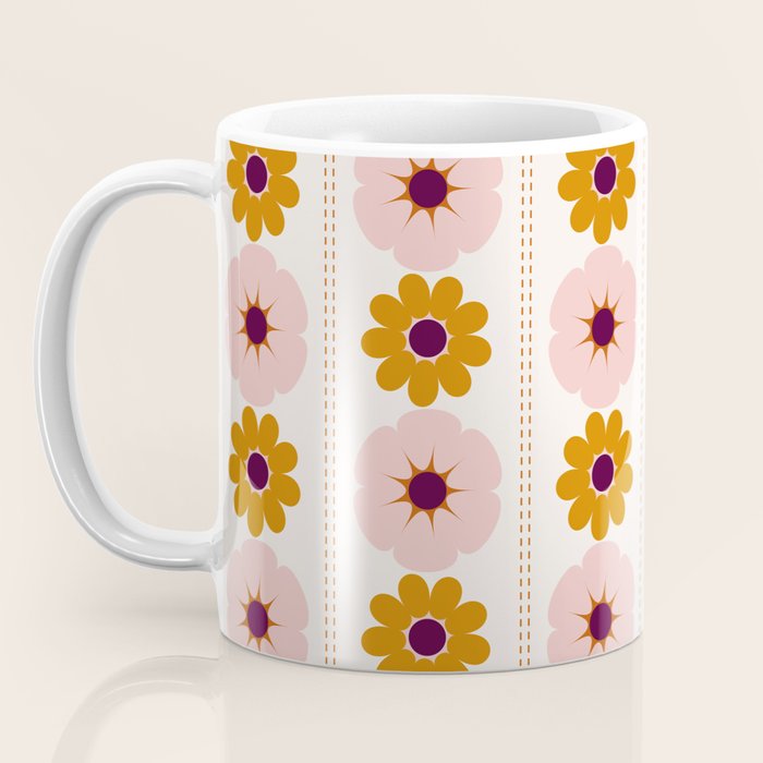Vintage retro floral pattern, 60s, 70s style in pink and brown Coffee Mug Gallery Image 3