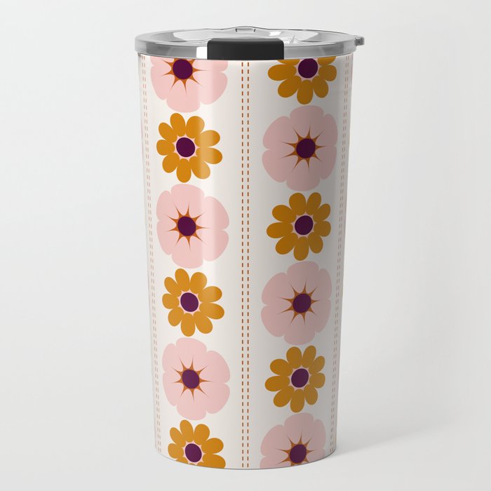 Vintage retro floral pattern, 60s, 70s style in pink and brown Travel Mug Gallery Image 1