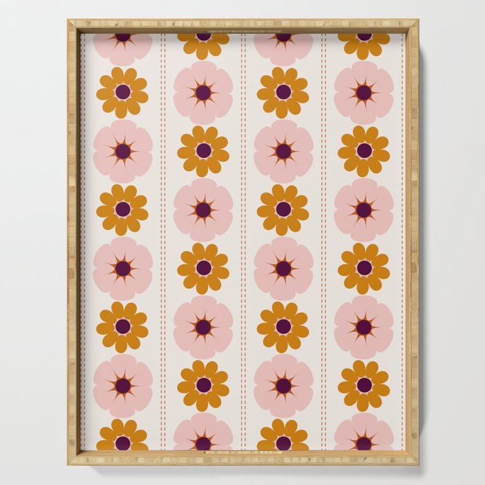 Vintage retro floral pattern, 60s, 70s style in pink and brown Serving Tray Gallery Image 1