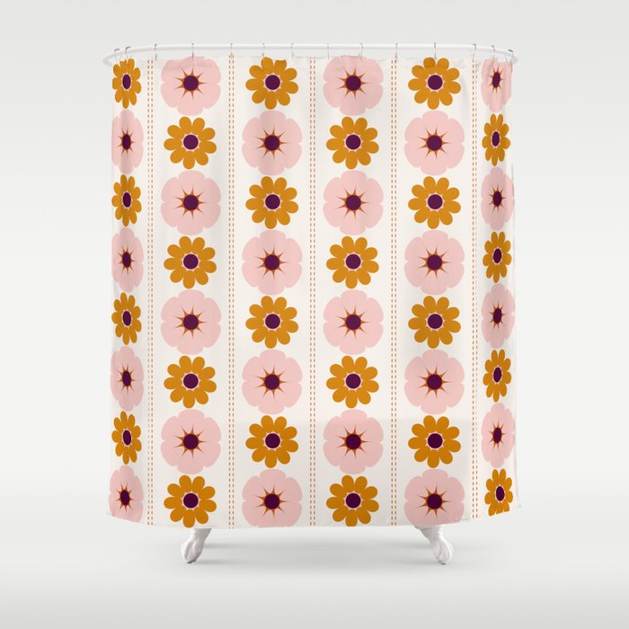 Vintage retro floral pattern, 60s, 70s style in pink and brown Shower Curtain Gallery Image 1