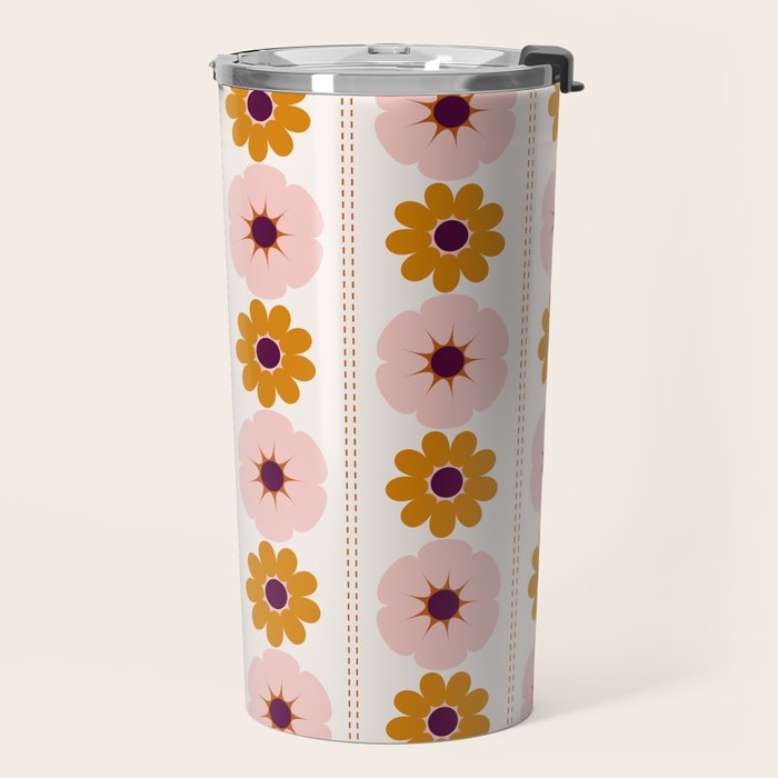 Vintage retro floral pattern, 60s, 70s style in pink and brown Travel Mug Gallery Image 2