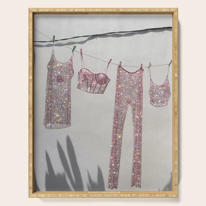 SATURDAY MORNING - collage art, glitter  artwork by Yana Potter, bling and shiny, summer mood, sunny Serving Tray Gallery Image 1