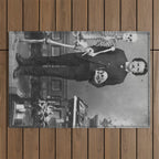 Edgar Allan Poe with Skull and Skeleton macabre black and white photograph Outdoor Rug Gallery Image 1