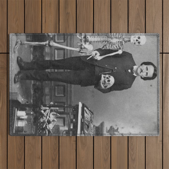 Edgar Allan Poe with Skull and Skeleton macabre black and white photograph Outdoor Rug Gallery Image 1
