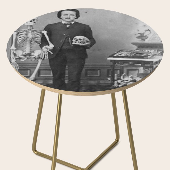 Edgar Allan Poe with Skull and Skeleton macabre black and white photograph Side Table Gallery Image 2