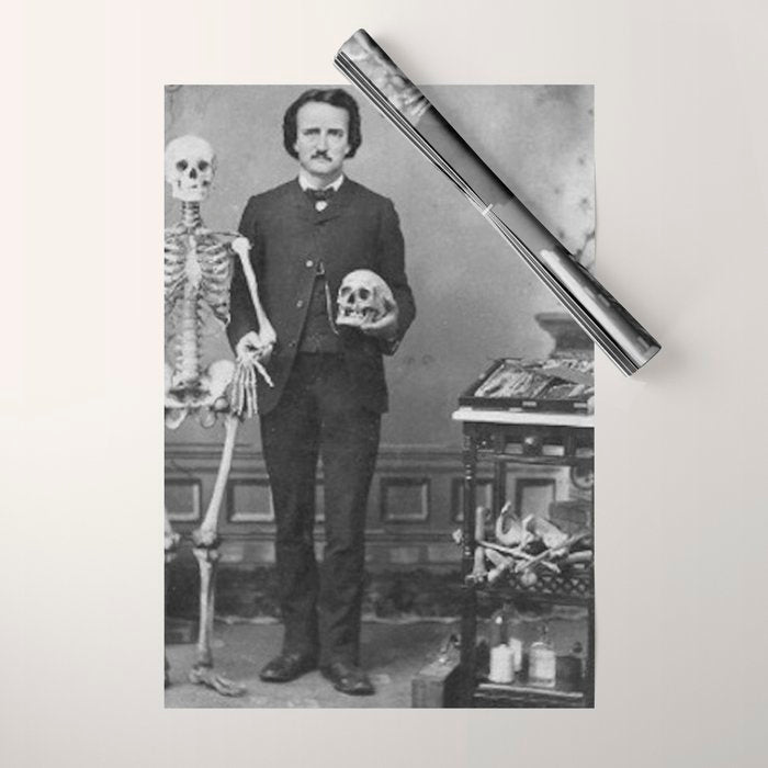 Edgar Allan Poe with Skull and Skeleton macabre black and white photograph Wrapping Paper Gallery Image 1