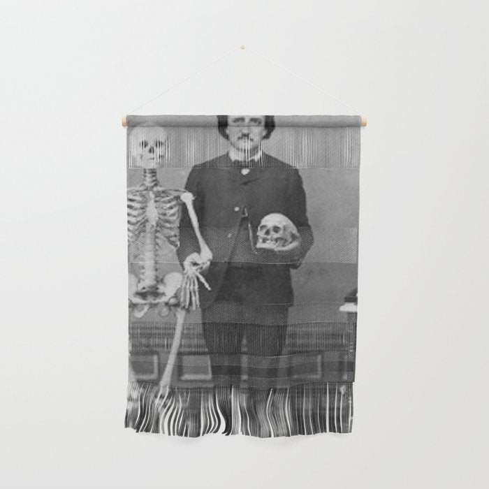 Edgar Allan Poe with Skull and Skeleton macabre black and white photograph Wall Hanging Gallery Image 1