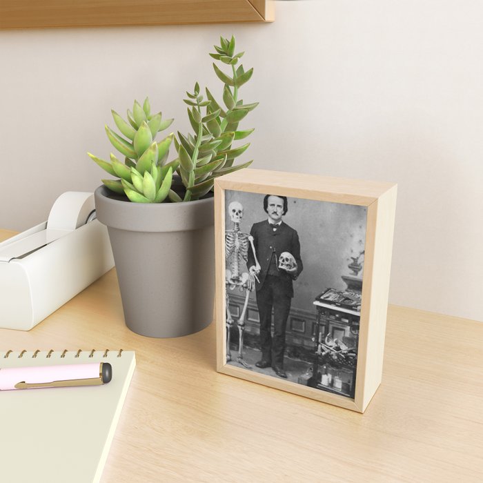 Edgar Allan Poe with Skull and Skeleton macabre black and white photograph Mini Art Print Gallery Image 2