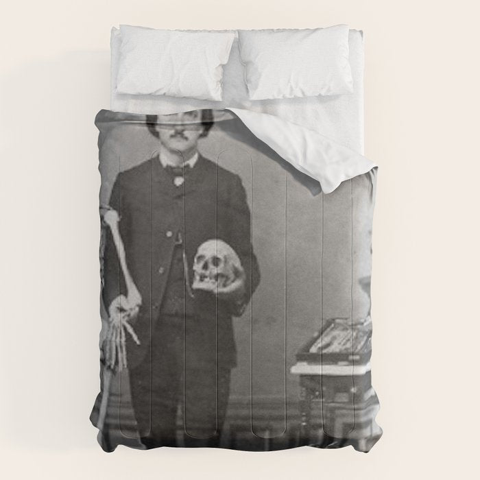 Edgar Allan Poe with Skull and Skeleton macabre black and white photograph Comforter Gallery Image 6