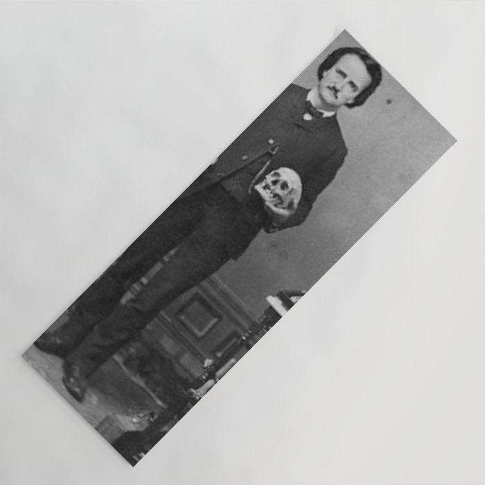 Edgar Allan Poe with Skull and Skeleton macabre black and white photograph Yoga Mat Gallery Image 1
