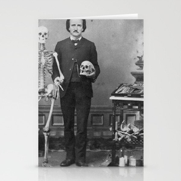 Edgar Allan Poe with Skull and Skeleton macabre black and white photograph Stationery Card Gallery Image 1