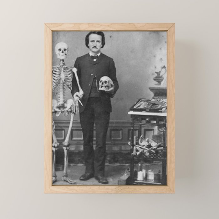 Edgar Allan Poe with Skull and Skeleton macabre black and white photograph Mini Art Print Gallery Image 1