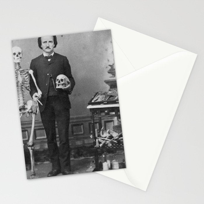 Edgar Allan Poe with Skull and Skeleton macabre black and white photograph Stationery Card Gallery Image 2