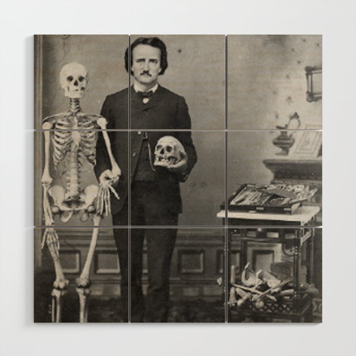 Edgar Allan Poe with Skull and Skeleton macabre black and white photograph Wood Wall Art Gallery Image 1