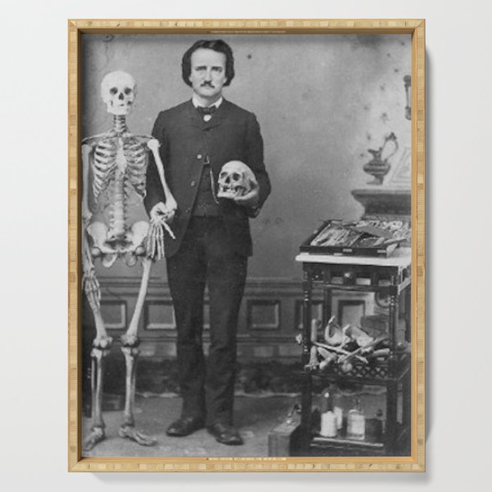 Edgar Allan Poe with Skull and Skeleton macabre black and white photograph Serving Tray Gallery Image 1