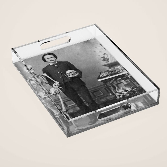 Edgar Allan Poe with Skull and Skeleton macabre black and white photograph Acrylic Tray Gallery Image 1