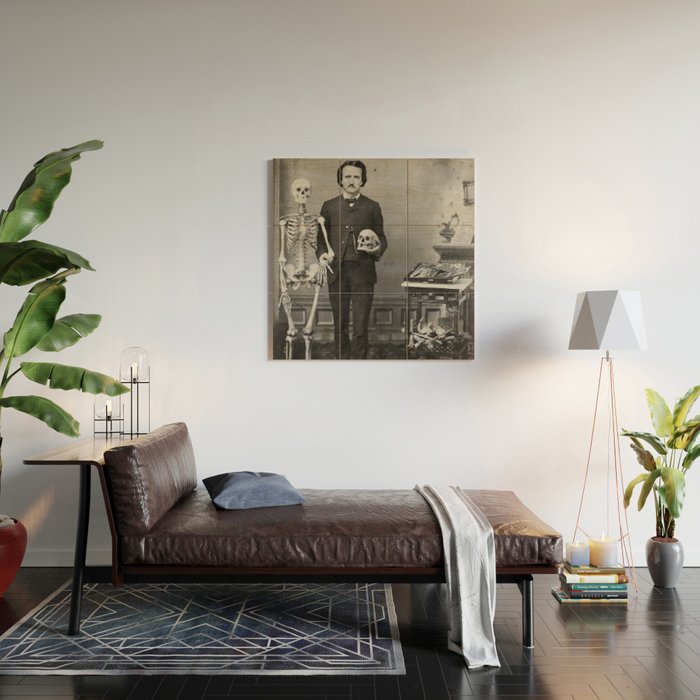 Edgar Allan Poe with Skull and Skeleton macabre black and white photograph Wood Wall Art Gallery Image 2