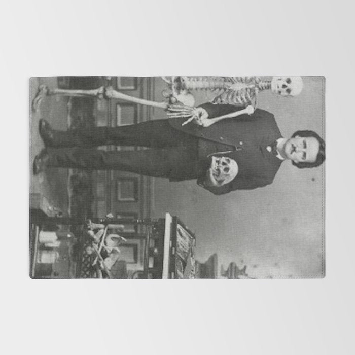 Edgar Allan Poe with Skull and Skeleton macabre black and white photograph Rug Gallery Image 2