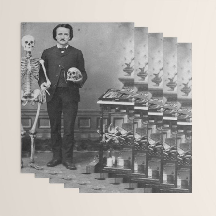 Edgar Allan Poe with Skull and Skeleton macabre black and white photograph Wrapping Paper Gallery Image 3