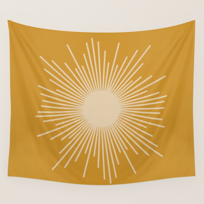 Mid Century Modern Sunburst in Dark Mustard and Beige Wall Tapestry Gallery Image 4