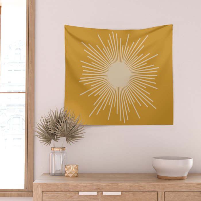 Mid Century Modern Sunburst in Dark Mustard and Beige Wall Tapestry Gallery Image 2